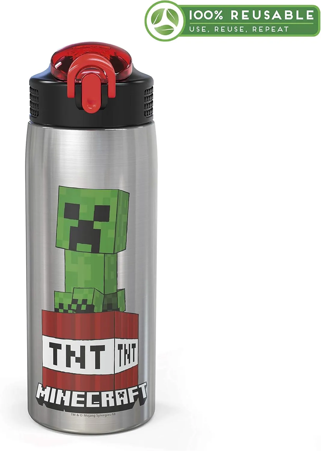 Zak Designs - MICI-V151 27oz Minecraft 18/8 Stainless Steel Water Bottle with Flip-up Straw Spout and Locking Spout Cover, Durable Cup for Sports or Travel (27oz, Minecraft Creeper)