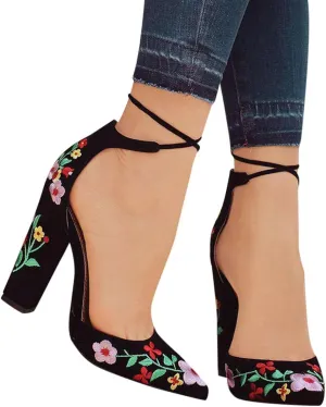 ZBYY Women's Heeled Sandals Embroidered Floral High Heels Pointed Toe Sandals Chunky Heel Lace Up Party Pumps Sandals