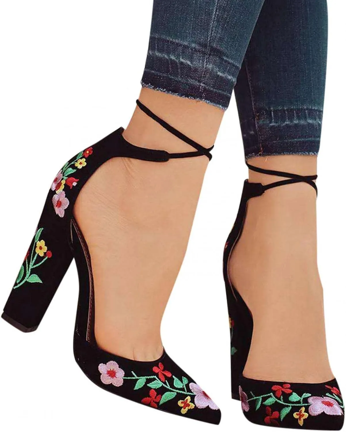 ZBYY Women's Heeled Sandals Embroidered Floral High Heels Pointed Toe Sandals Chunky Heel Lace Up Party Pumps Sandals