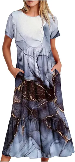 ZDRZK Dresses for Women 2024 Crewneck Short Sleeve Ruched Tshirt Sundress Boho Floral Print Long Maxi Dresses with Pockets