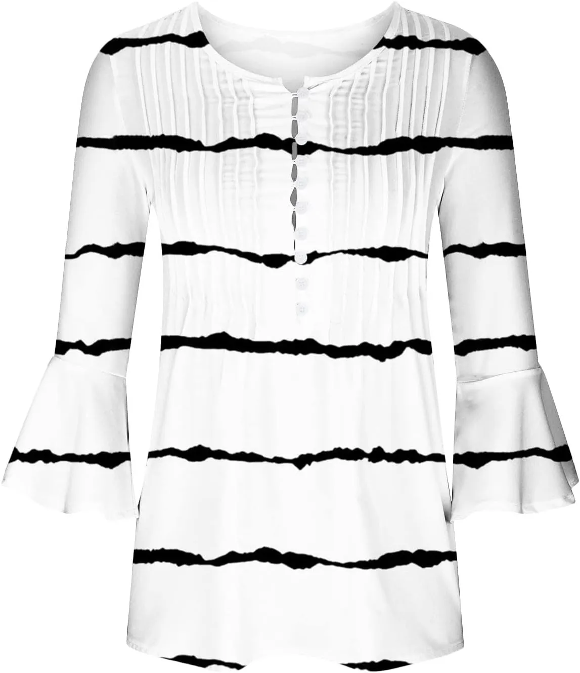 ZDRZK Tunic Tops for Women Loose Fit Dressy Casual 3/4 Bell Sleeve Button Down Henley Shirts Boho Floral Print Summer Blouses