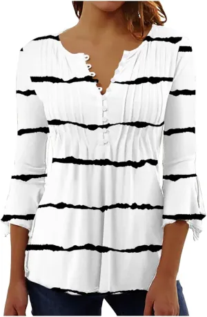 ZDRZK Tunic Tops for Women Loose Fit Dressy Casual 3/4 Bell Sleeve Button Down Henley Shirts Boho Floral Print Summer Blouses