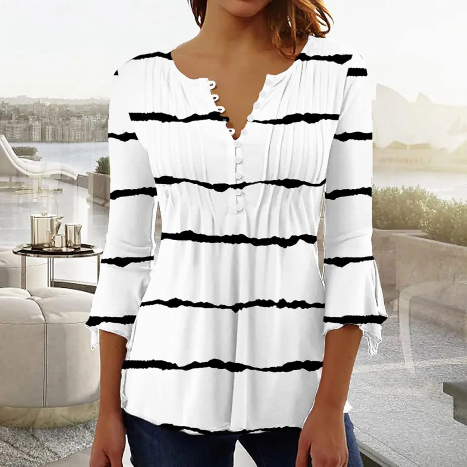 ZDRZK Tunic Tops for Women Loose Fit Dressy Casual 3/4 Bell Sleeve Button Down Henley Shirts Boho Floral Print Summer Blouses