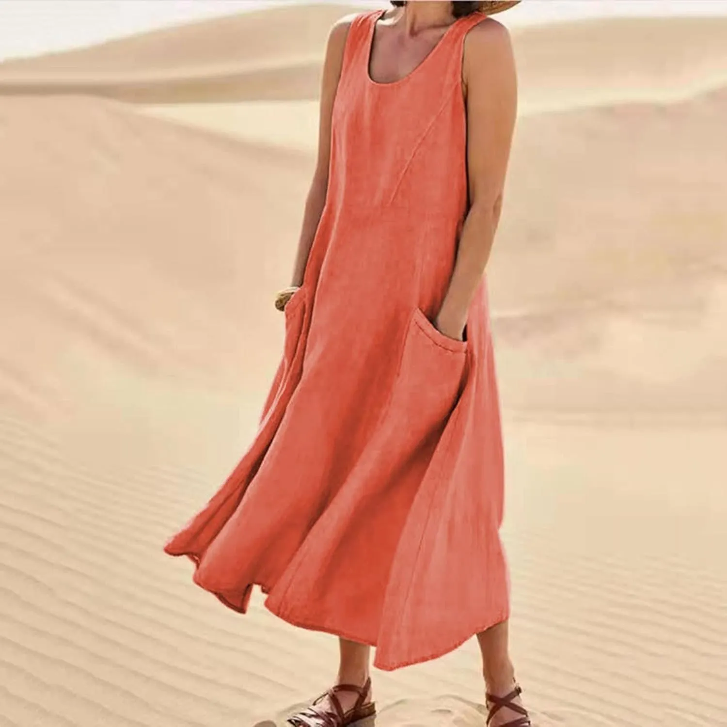 ZDRZK Western Dress for Women Sleeveless Tank Cotton Linen T-Shirts Dress Pocket Flowy Long Hawaiian Sundresses Trendy 2024