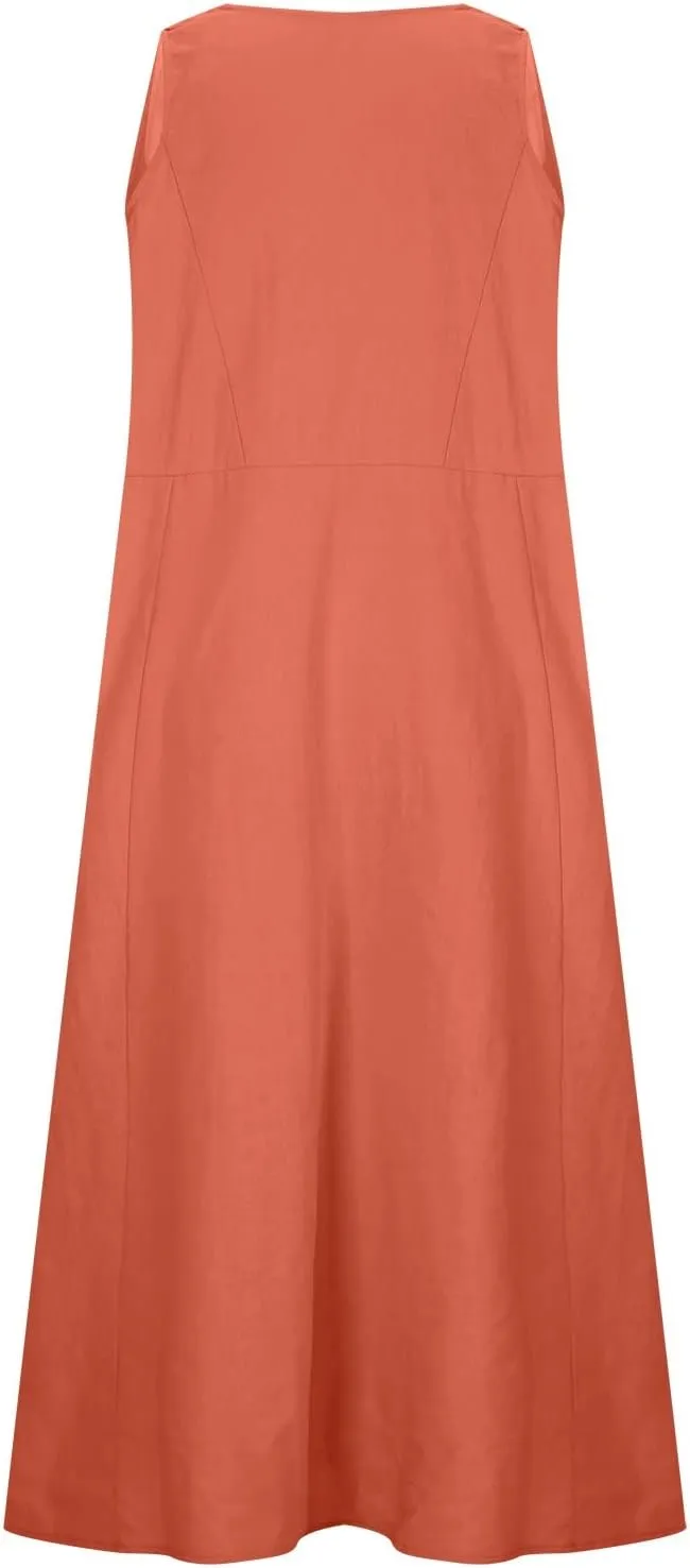 ZDRZK Western Dress for Women Sleeveless Tank Cotton Linen T-Shirts Dress Pocket Flowy Long Hawaiian Sundresses Trendy 2024