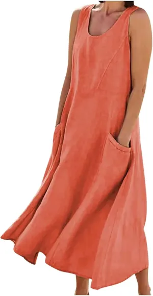 ZDRZK Western Dress for Women Sleeveless Tank Cotton Linen T-Shirts Dress Pocket Flowy Long Hawaiian Sundresses Trendy 2024