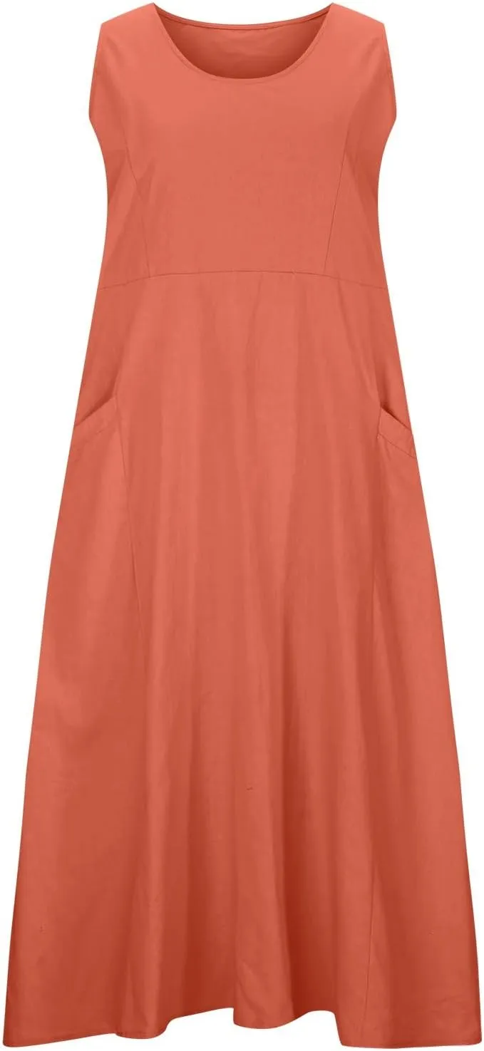 ZDRZK Western Dress for Women Sleeveless Tank Cotton Linen T-Shirts Dress Pocket Flowy Long Hawaiian Sundresses Trendy 2024