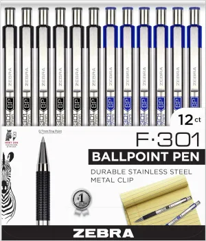 Zebra F-301 0.7mm Stainless Steel Barrel Fine Point Retractable Ballpoint Pen - 12 Pack; 6 Black & 6 Blue