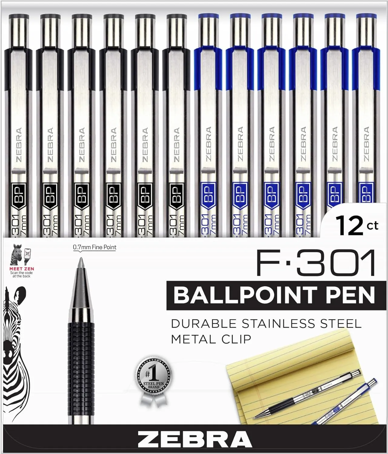 Zebra F-301 0.7mm Stainless Steel Barrel Fine Point Retractable Ballpoint Pen - 12 Pack; 6 Black & 6 Blue