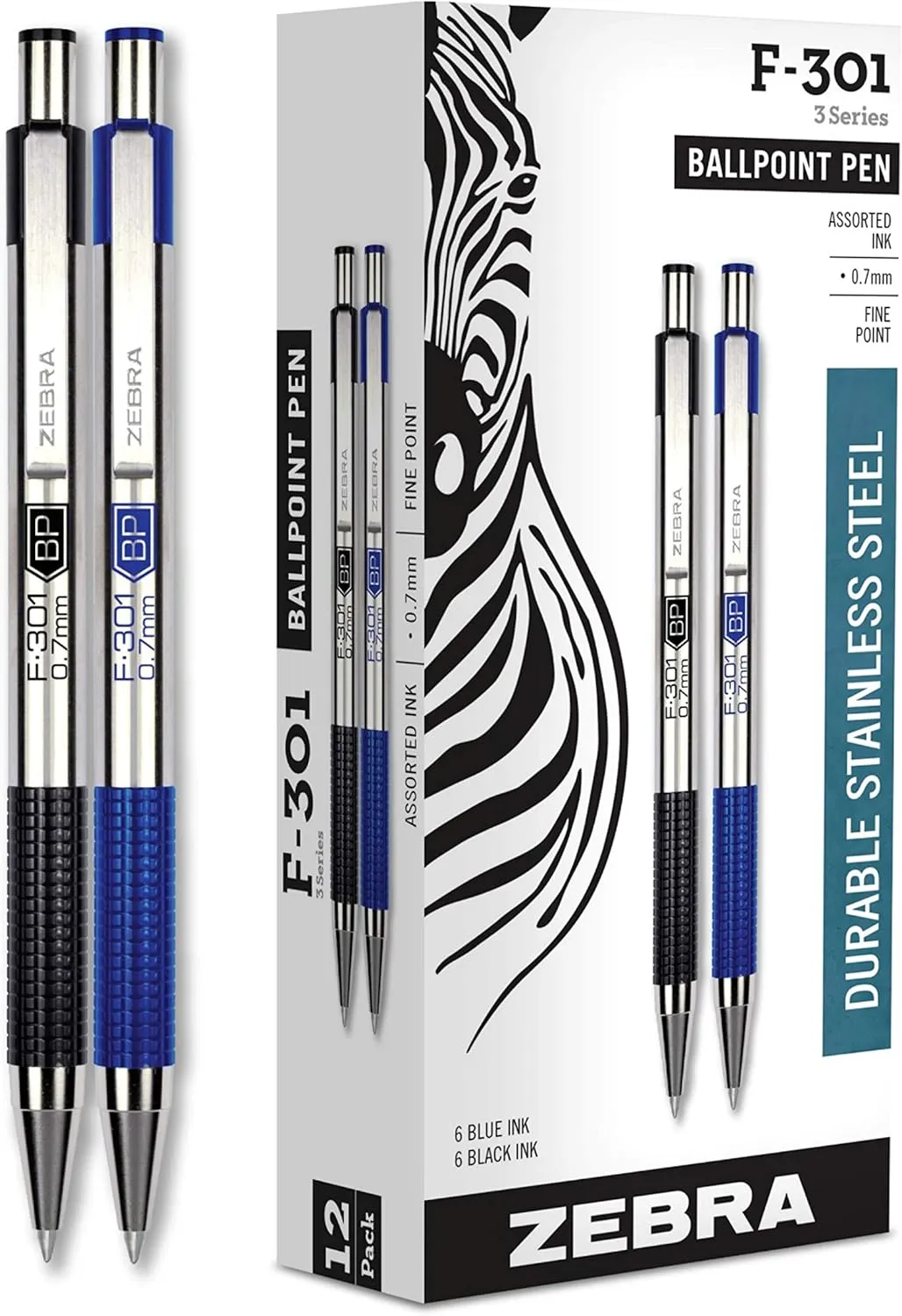 Zebra F-301 Stainless Steel Pen, Pack of 12; 6 Black & 6 Blue Retractable Ballpoint 0.7mm Fine Point Pen