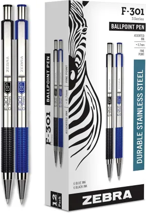 Zebra F-301 Stainless Steel Pen, Pack of 12; 6 Black & 6 Blue Retractable Ballpoint 0.7mm Fine Point Pen