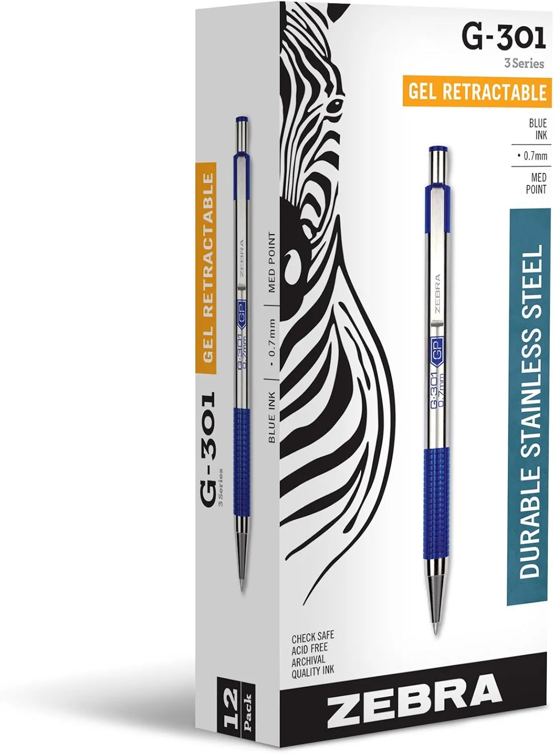 Zebra Pen G-301 Retractable Gel Ink Pen, Stainless Steel Barrel, Medium Point, 0.7mm, Blue Ink, (Pack of 1, 12 Count Total)