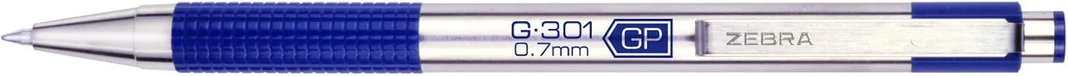 Zebra Pen G-301 Retractable Gel Ink Pen, Stainless Steel Barrel, Medium Point, 0.7mm, Blue Ink, (Pack of 1, 12 Count Total)