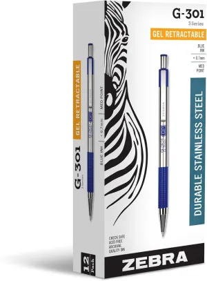 Zebra Pen G-301 Retractable Gel Ink Pen, Stainless Steel Barrel, Medium Point, 0.7mm, Blue Ink, (Pack of 1, 12 Count Total)