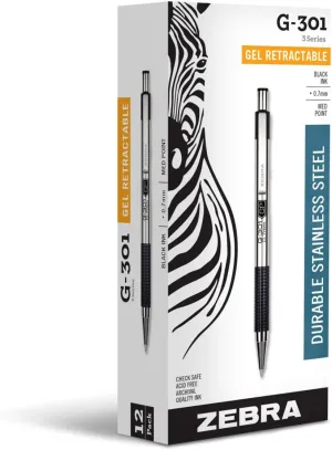 Zebra Pen G-301 Retractable Gel Ink Pen, Stainless Steel Barrel, Medium Point, Black Ink, 12-Pack (41310)