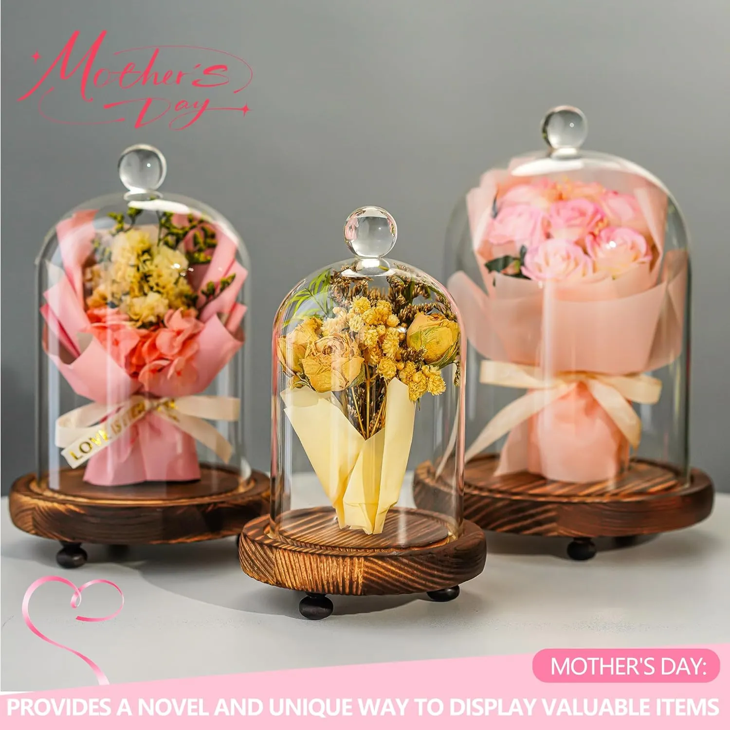 ZEERSHEE Set of 3 Glass Bell Shape Dome with Wooden Base Clear Decorative Glass Dustproof Dome with Handle for Home Party Wedding Decor