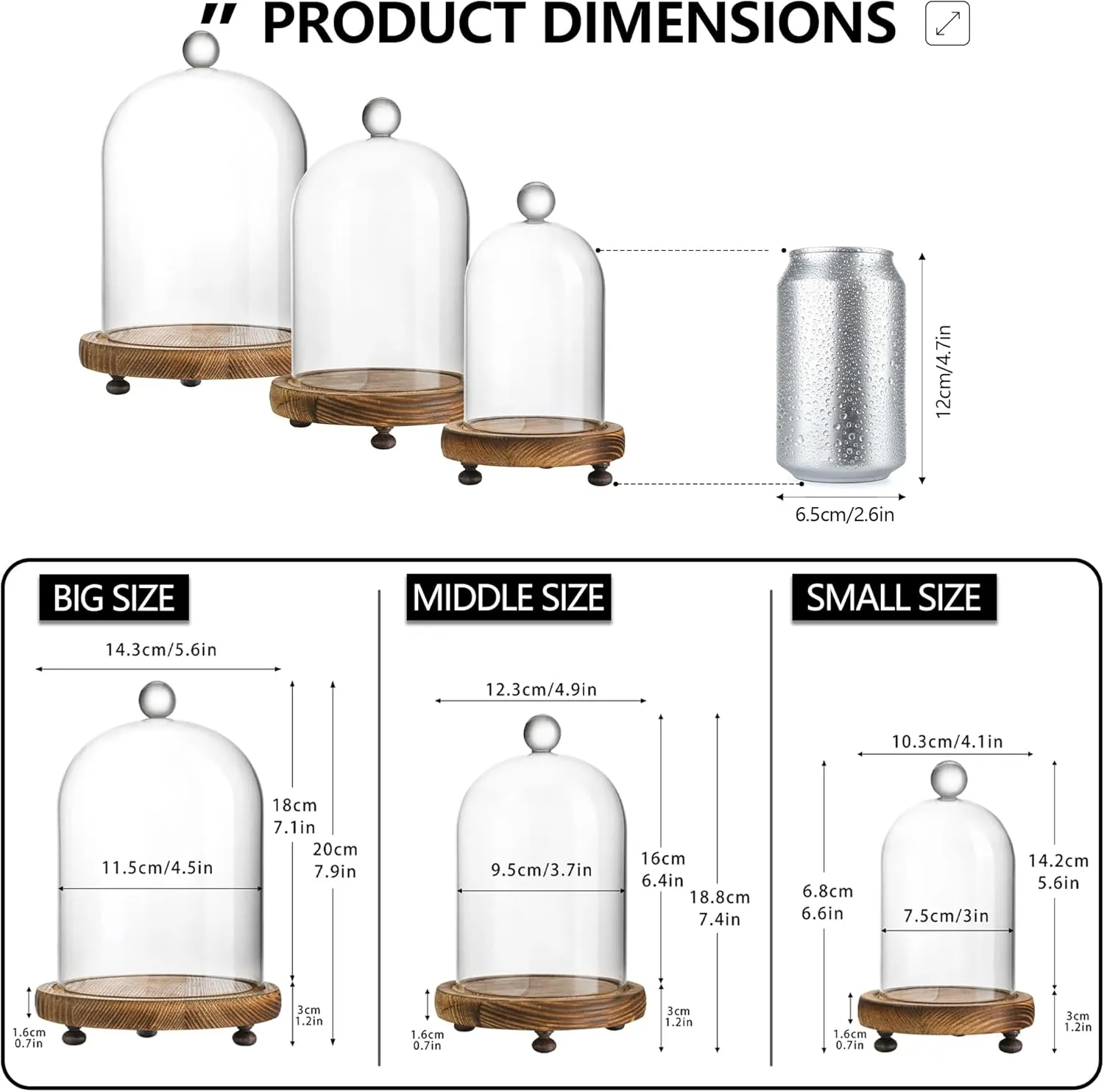 ZEERSHEE Set of 3 Glass Bell Shape Dome with Wooden Base Clear Decorative Glass Dustproof Dome with Handle for Home Party Wedding Decor