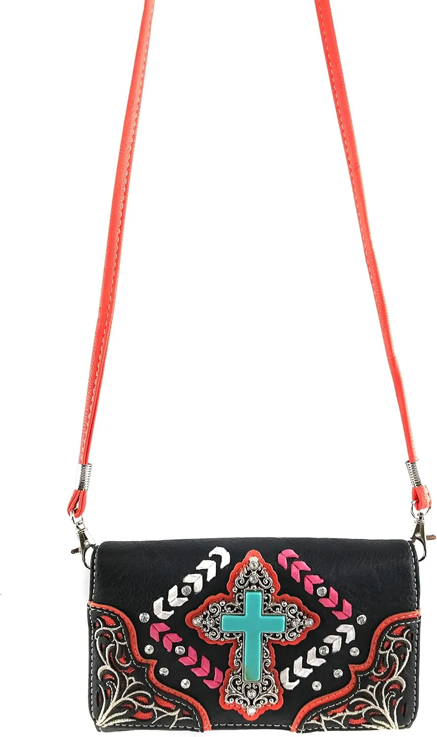 Zelris Turquoise Rhinestone Cross Western Women Crossbody Wrist Trifold Wallet