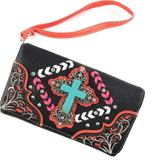 Zelris Turquoise Rhinestone Cross Western Women Crossbody Wrist Trifold Wallet