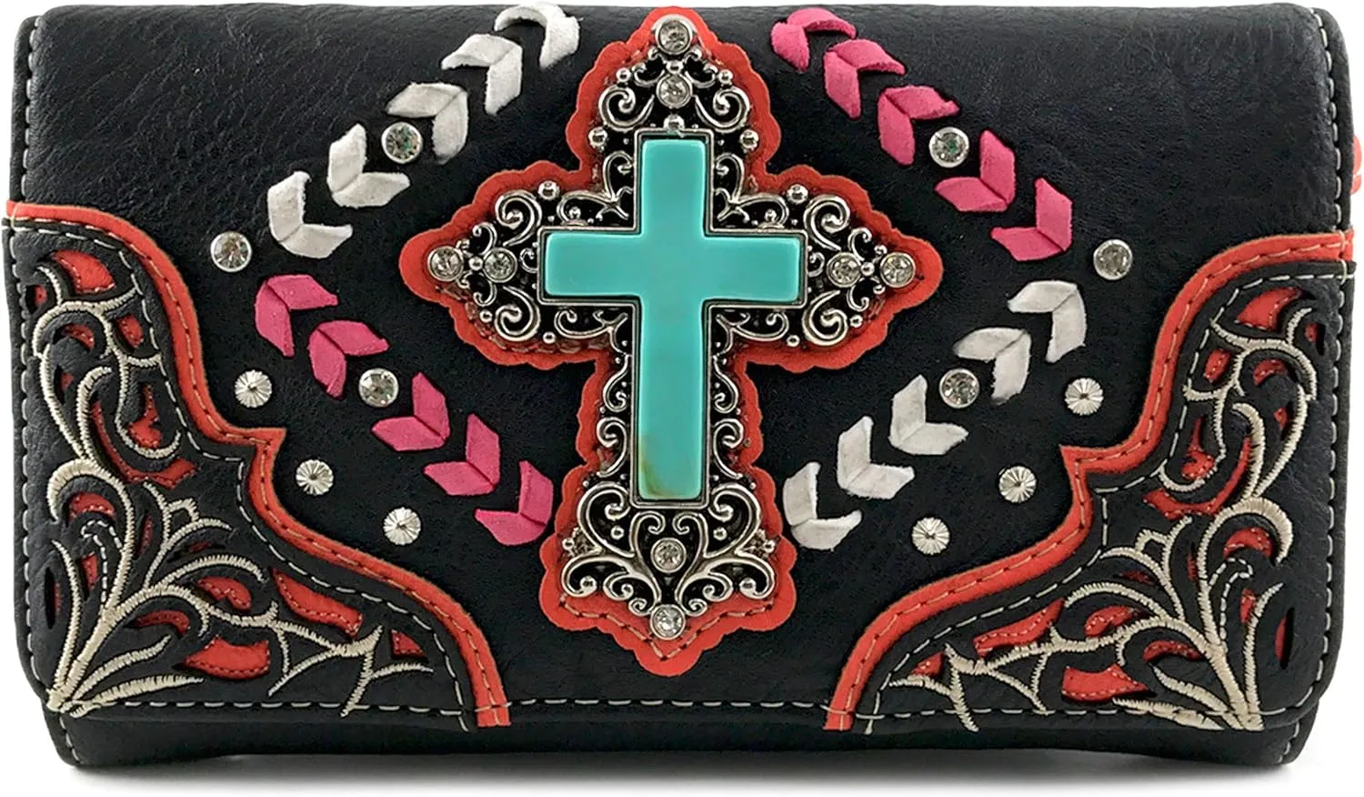 Zelris Turquoise Rhinestone Cross Western Women Crossbody Wrist Trifold Wallet
