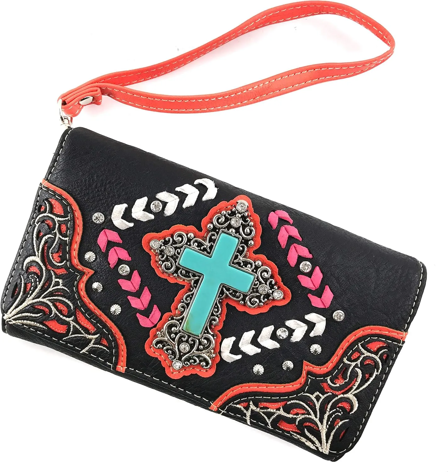 Zelris Turquoise Rhinestone Cross Western Women Crossbody Wrist Trifold Wallet