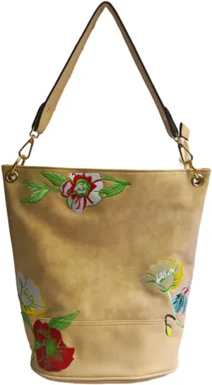 ZiMing Vintage Bucket Bag for Women Purse Floral Embroider Hobo Bag PU Leather Satchel Shoulder Bag Small Tote Handbag