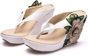 ZOOGEM Women's Embroidery Slides Wedge Sandals Hawaii Beach People Wedge Sandal Open Toe Bohemia Sandals Summer slippers (White-gray,7)