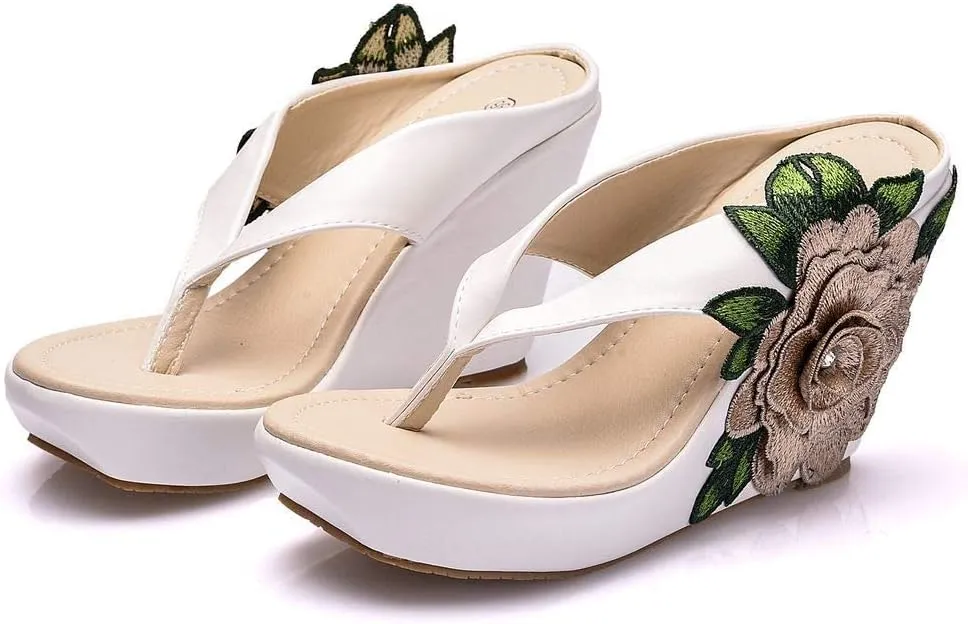 ZOOGEM Women's Embroidery Slides Wedge Sandals Hawaii Beach People Wedge Sandal Open Toe Bohemia Sandals Summer slippers (White-gray,7)