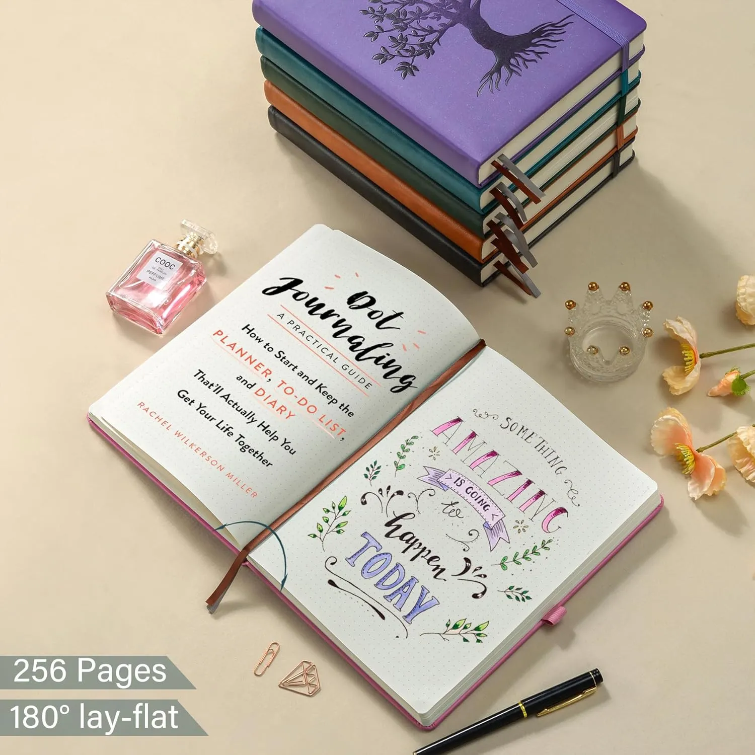 ZXHQ A5 Bullet Dotted Journal Notebook for Women -150gsm Thick Paper, 256 Pages, Dot Grid Hardcover, Tree of Life Design, Fine Inner Pocket - 5.9" × 8.5" Pink