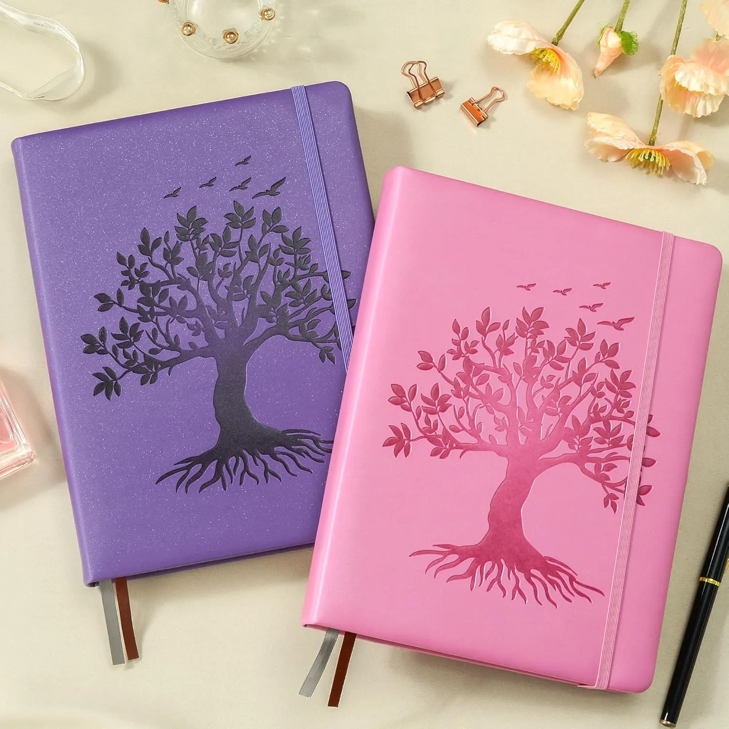 ZXHQ A5 Bullet Dotted Journal Notebook for Women -150gsm Thick Paper, 256 Pages, Dot Grid Hardcover, Tree of Life Design, Fine Inner Pocket - 5.9" × 8.5" Pink