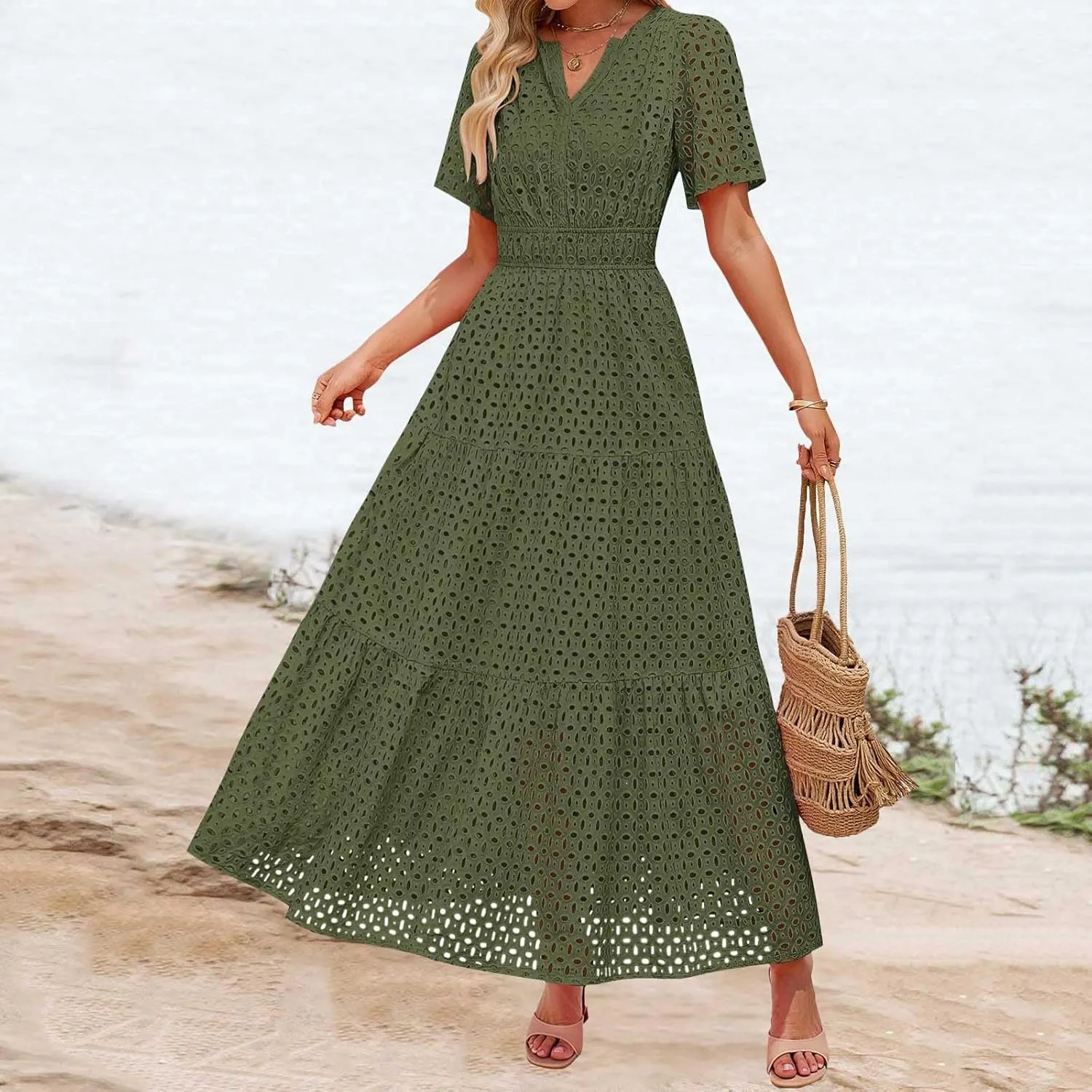 ZYXTIM Eyelet Dresses for Women 2025 Short Sleeve Casual A Line Boho Maxi Dress V Neck Fashion Summer Beach Vacation Sundress