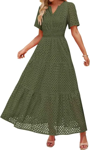 ZYXTIM Eyelet Dresses for Women 2025 Short Sleeve Casual A Line Boho Maxi Dress V Neck Fashion Summer Beach Vacation Sundress