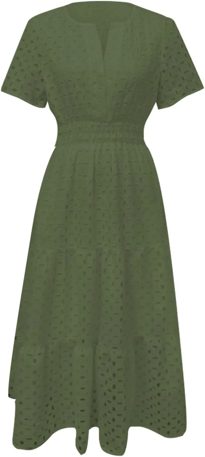 ZYXTIM Eyelet Dresses for Women 2025 Short Sleeve Casual A Line Boho Maxi Dress V Neck Fashion Summer Beach Vacation Sundress